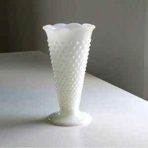 Vintage tall hobnail milk glass vase / flared white glass vase / romantic shabby